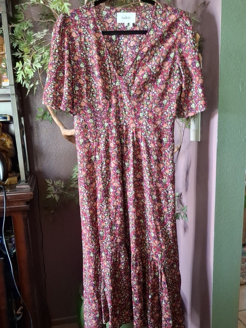 ba&sh Burgundy Floral Maxi Dress with Pink and Green Accents